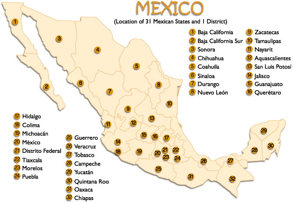 Map of: Mexico - showing states!